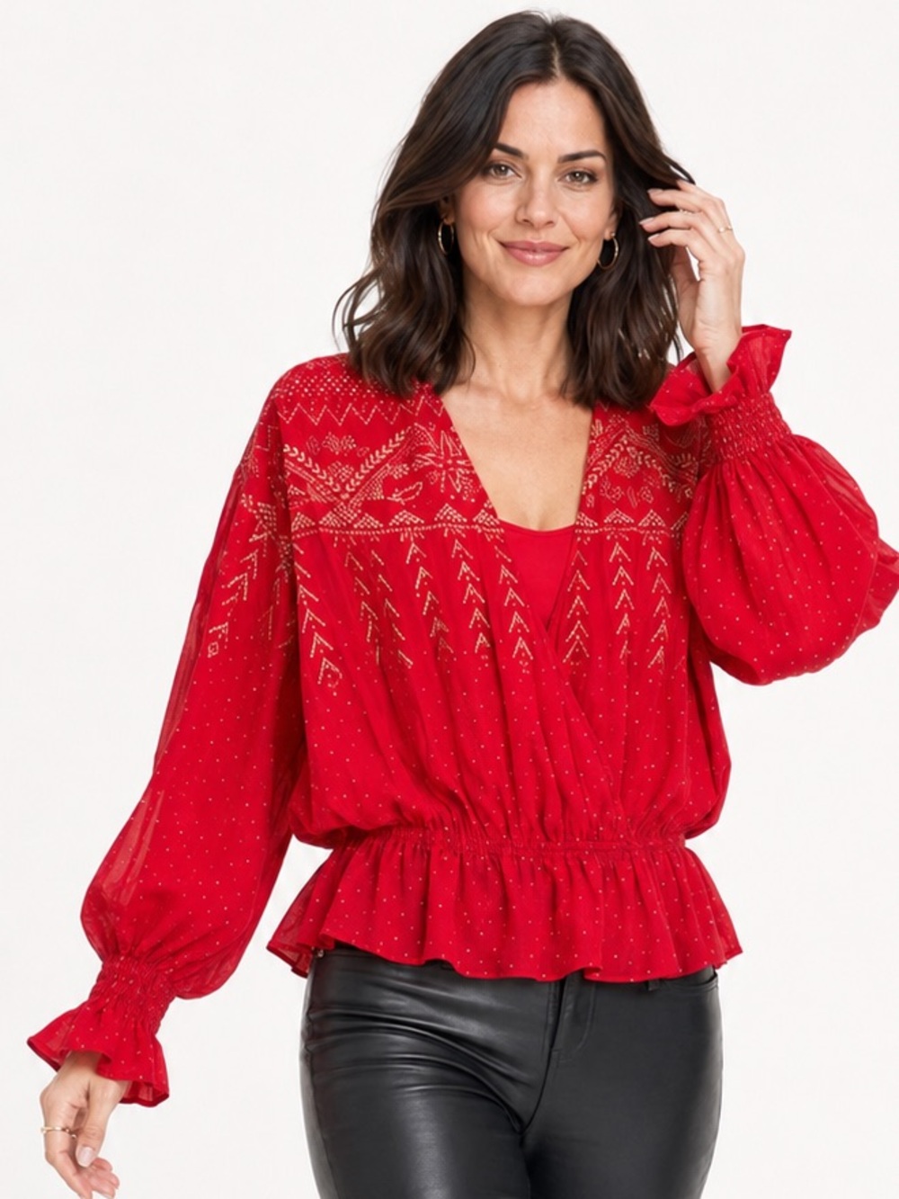 Free People Red Embroidered Cotton Gauze Boho Peplum Blouse Oversized Small NEW